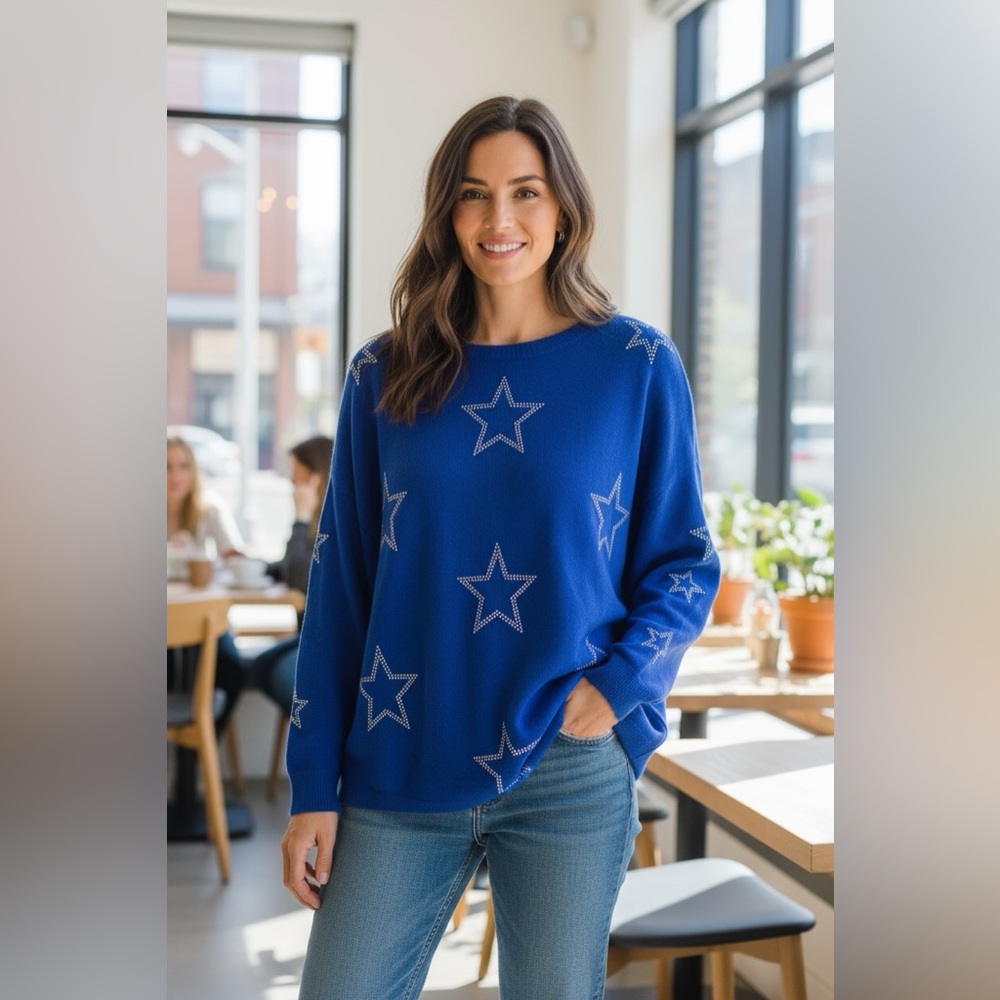 Liv Milano Stars in Rhinestones Blue Sweater Sz XL